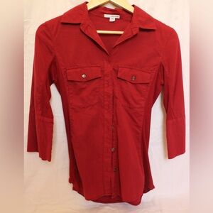 James Perse Red Fitted 3/4 Sleeve Button Down Shirt